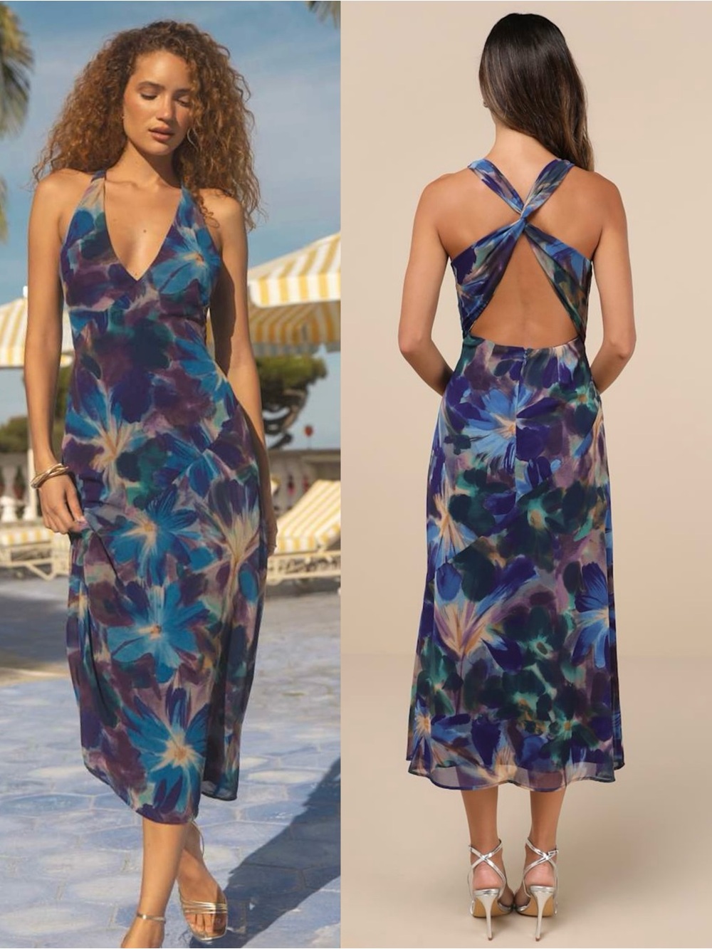 LULUS Floral Chiffon Crisscross Back Halter Neck Y2K Wedding Guest Dress Large